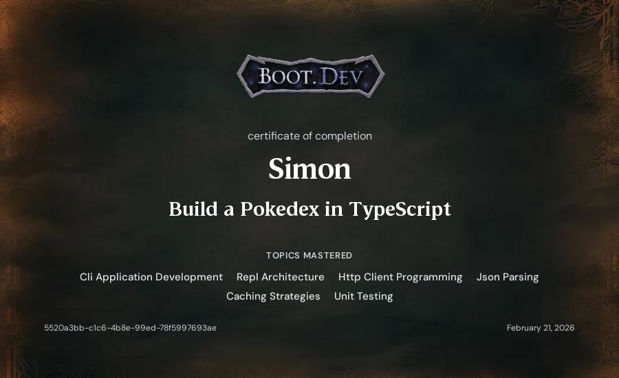 Simon's Boot.dev Build a Pokedex in TypeScript certificate