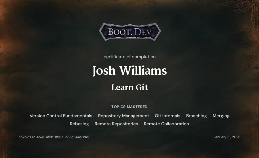 Josh Williams's Boot.dev Learn Git certificate