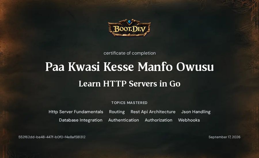 Paa Kwasi Kesse Manfo Owusu's Boot.dev Learn HTTP Servers in Go certificate