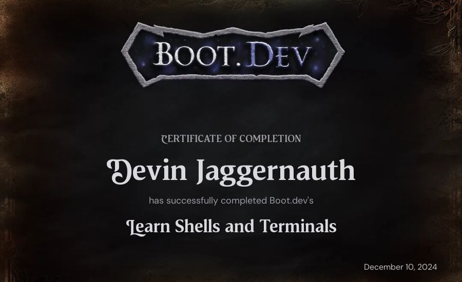 Devin Jaggernauth's Boot.dev Learn Linux certificate