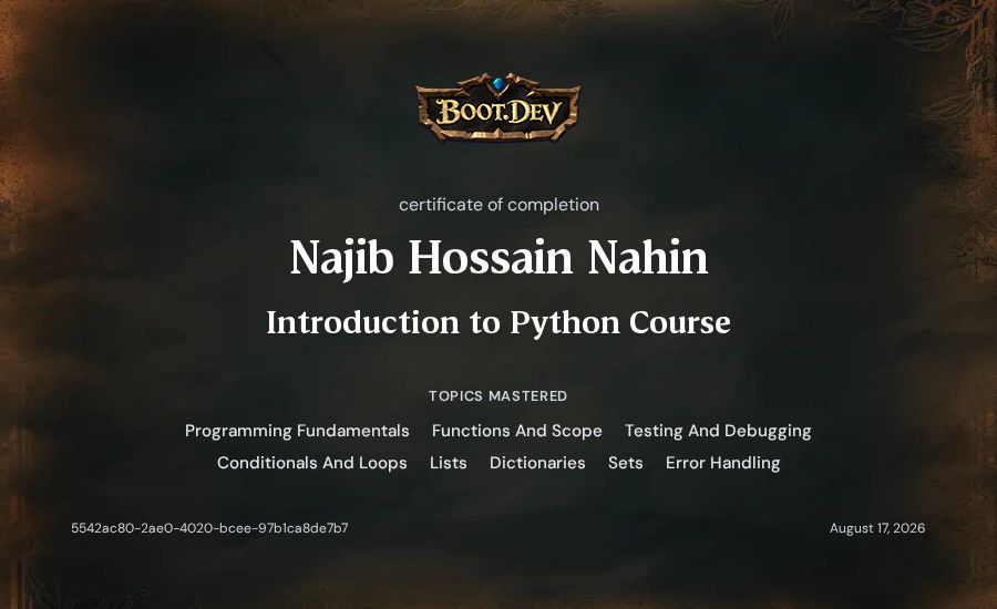 Najib Hossain Nahin's Boot.dev Introduction to Python Course certificate