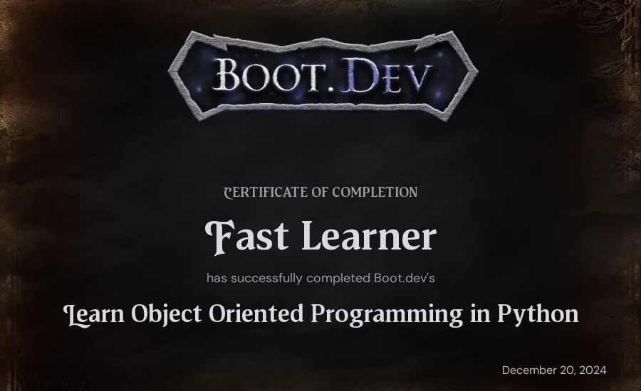 Adam's Boot.dev Learn Object Oriented Programming in Python certificate
