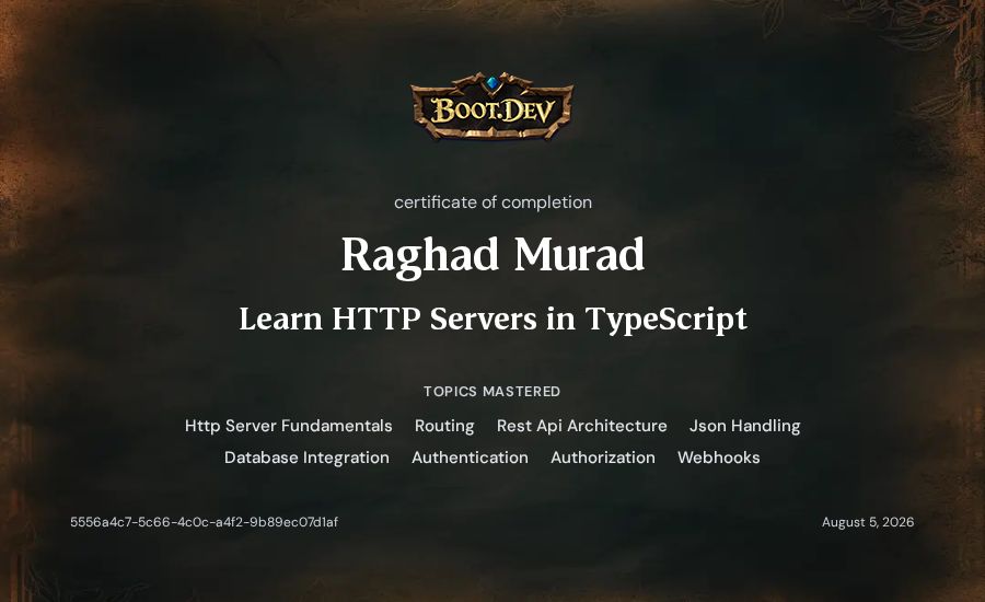 Raghad Murad's Boot.dev Learn HTTP Servers in TypeScript certificate
