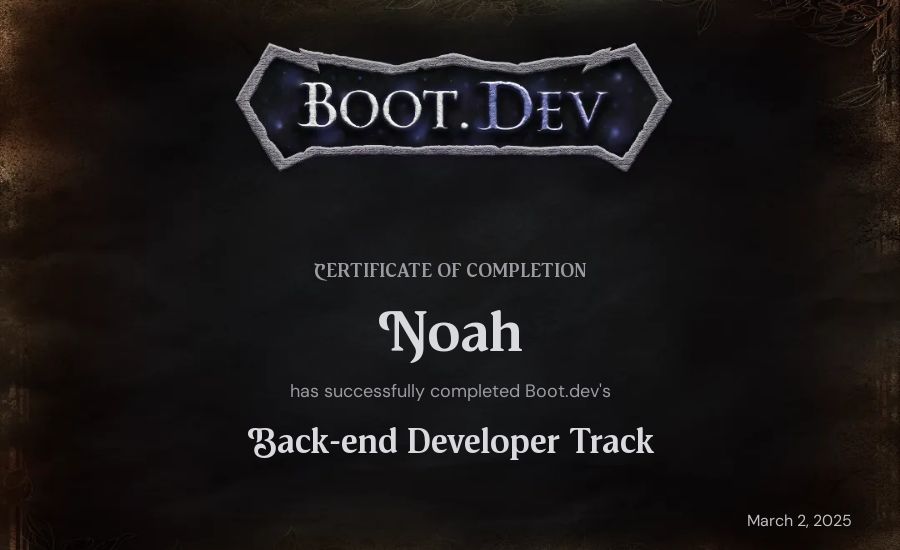 Noah's Boot.dev Backend Developer Path certificate