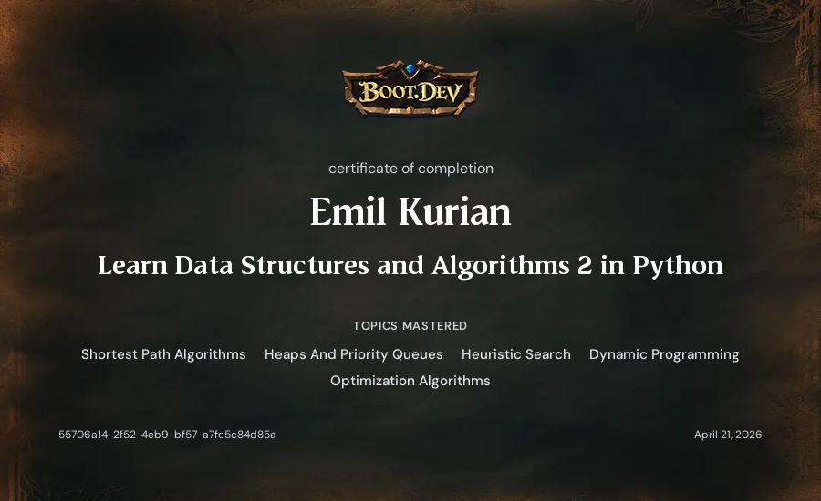 Emil Kurian's Boot.dev Learn Data Structures and Algorithms 2 in Python certificate