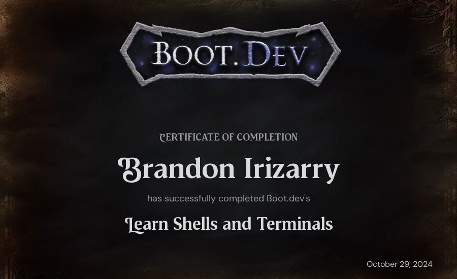 Brandon Irizarry's Boot.dev Learn Linux certificate