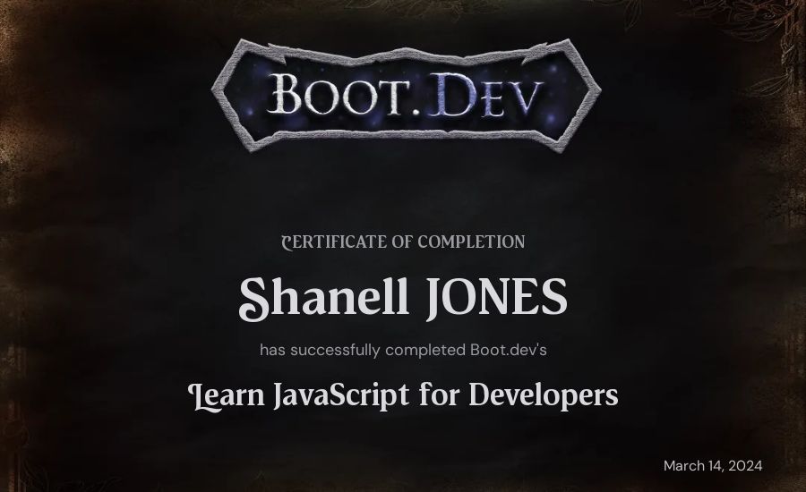 Shanell JONES's Boot.dev Learn JavaScript certificate