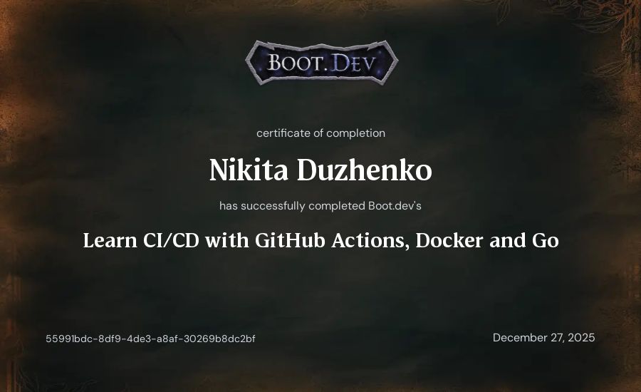 Nikita Duzhenko's Boot.dev Learn CI/CD with GitHub Actions, Docker and Go certificate