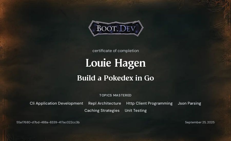 Louie Hagen's Boot.dev Build a Pokedex in Go certificate