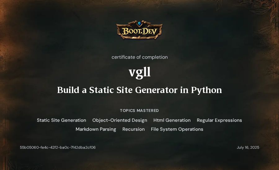 vgll's Boot.dev Build a Static Site Generator in Python certificate