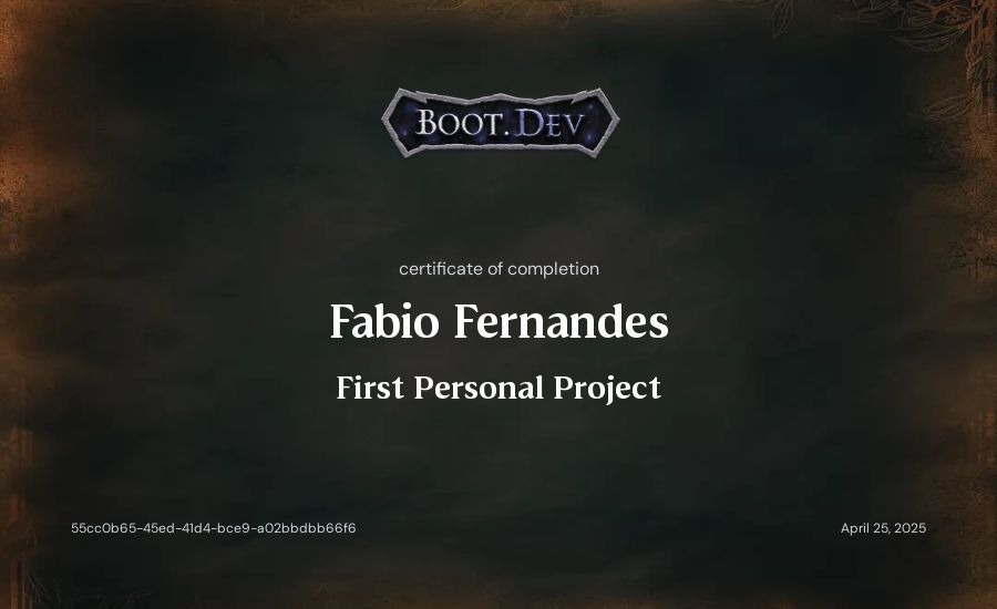 Fabio Fernandes's Boot.dev First Personal Project certificate