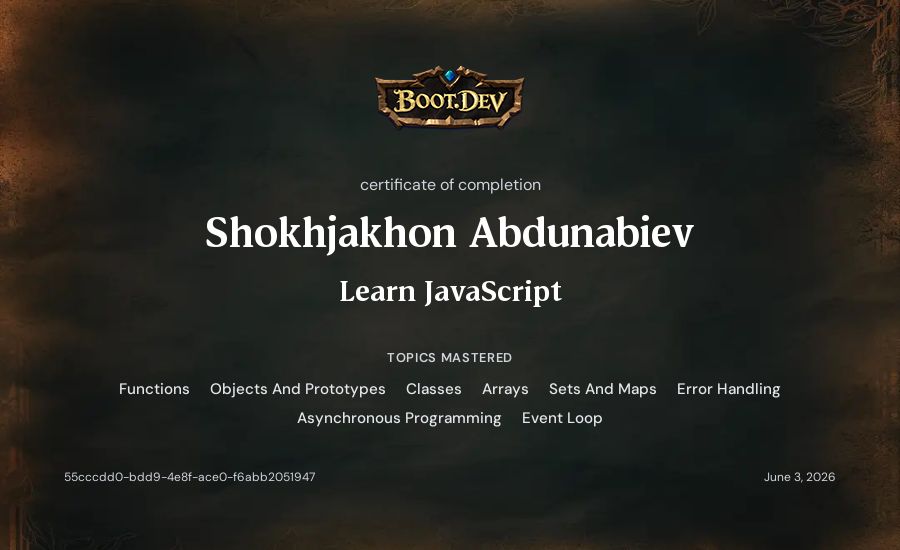 Shokhjakhon Abdunabiev's Boot.dev Learn JavaScript certificate