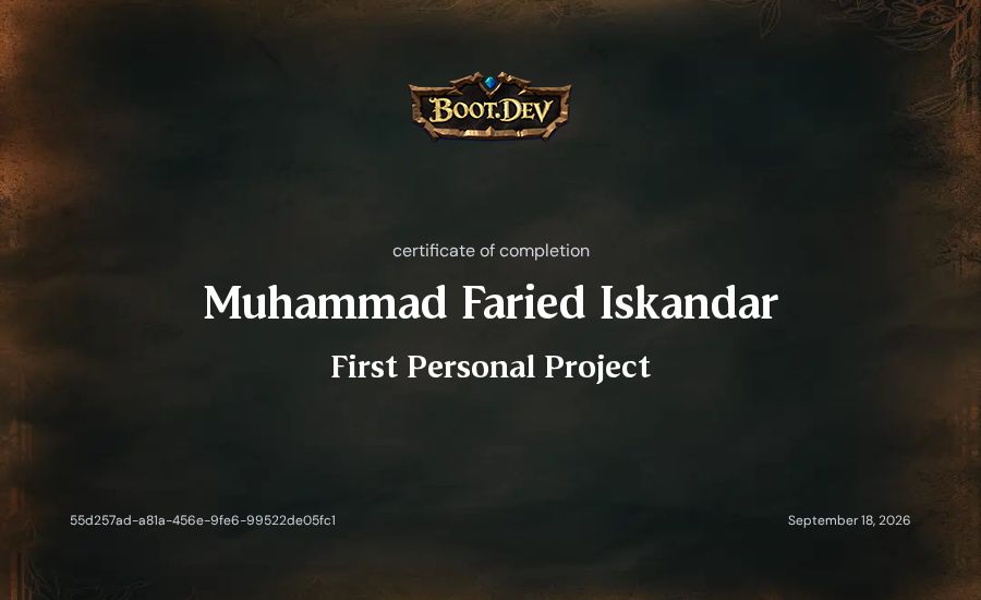 Muhammad Faried Iskandar's Boot.dev First Personal Project certificate
