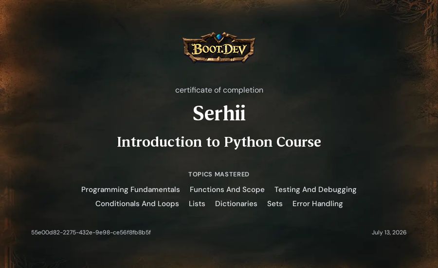 Serhii's Boot.dev Introduction to Python Course certificate