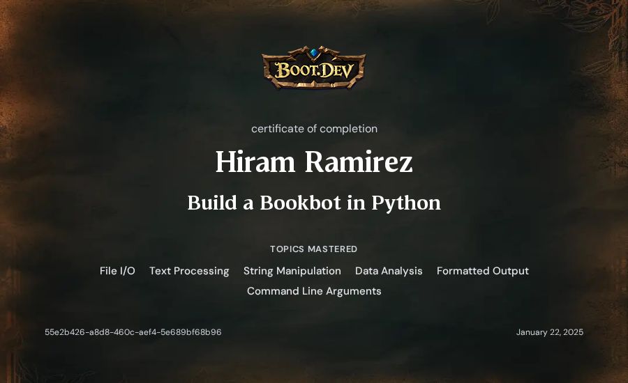 Hiram Ramirez's Boot.dev Build a BookBot in Python certificate