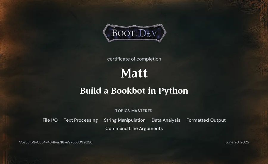 Matt's Boot.dev Build a BookBot in Python certificate