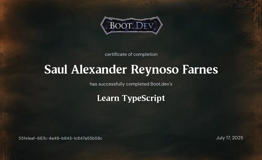 Saul Alexander Reynoso Farnes's Boot.dev Learn TypeScript certificate