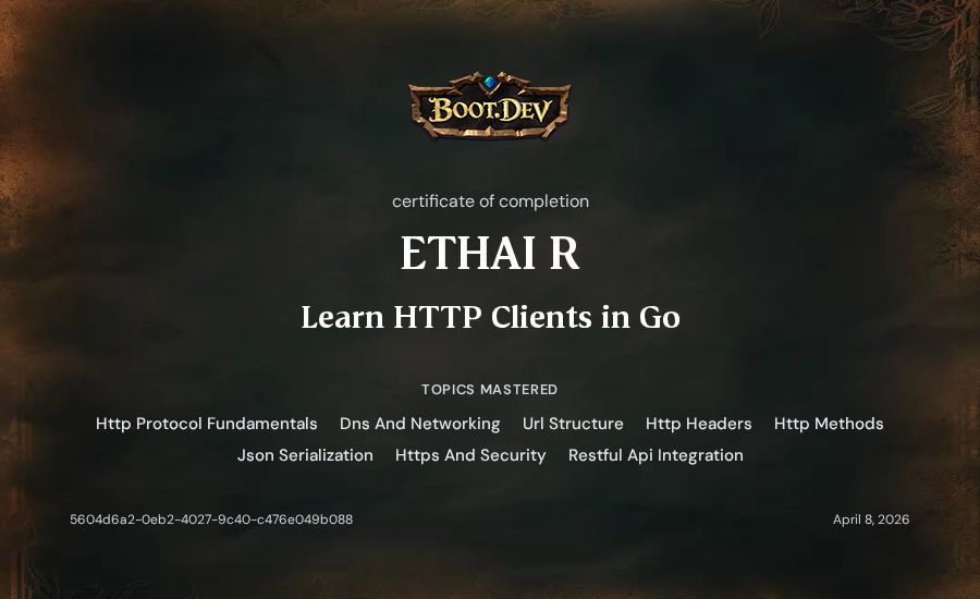 Ethai Reubinoff's Boot.dev Learn HTTP Clients in Go certificate