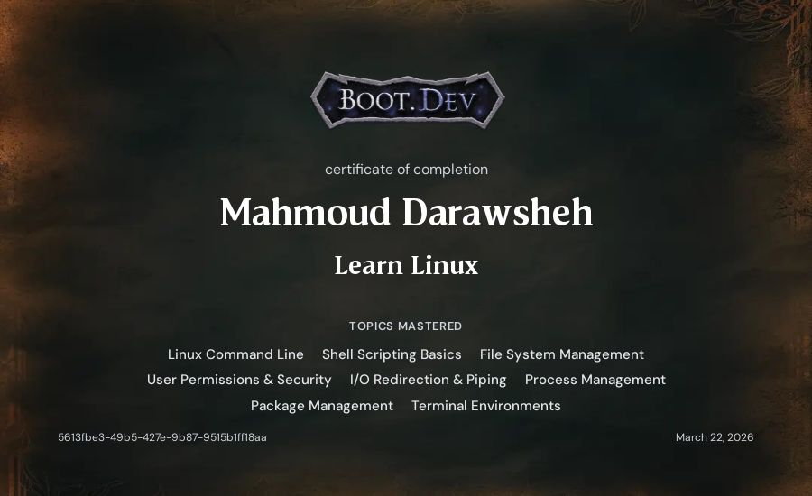 Mahmoud Darawsheh's Boot.dev Learn Linux certificate