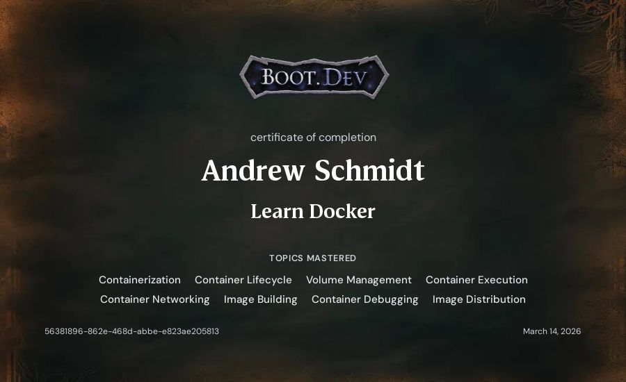 Andrew Schmidt's Boot.dev Learn Docker certificate