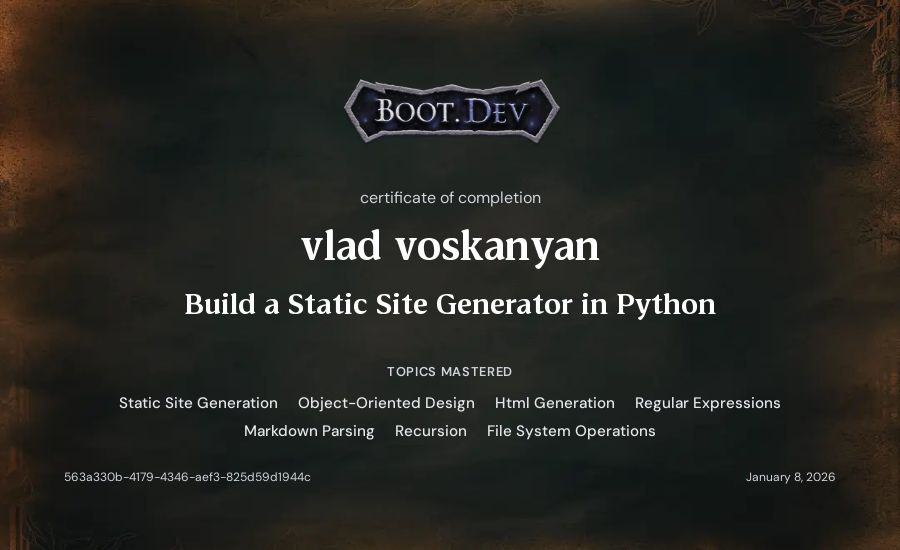vlad voskanyan's Boot.dev Build a Static Site Generator in Python certificate