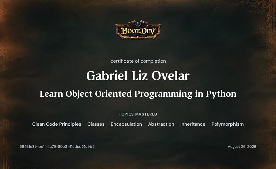 Gabriel Liz Ovelar's Boot.dev Learn Object Oriented Programming in Python certificate