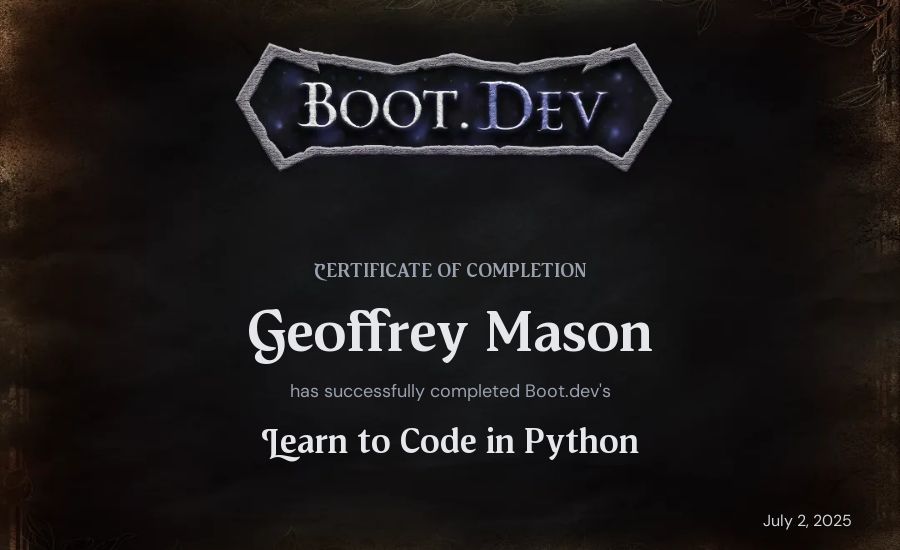 Geoffrey Mason's Boot.dev Introduction to Python Course certificate