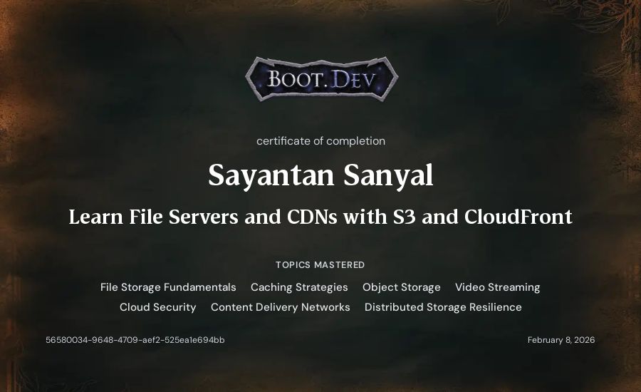 Sayantan Sanyal's Boot.dev Learn File Servers and CDNs with S3 and CloudFront certificate