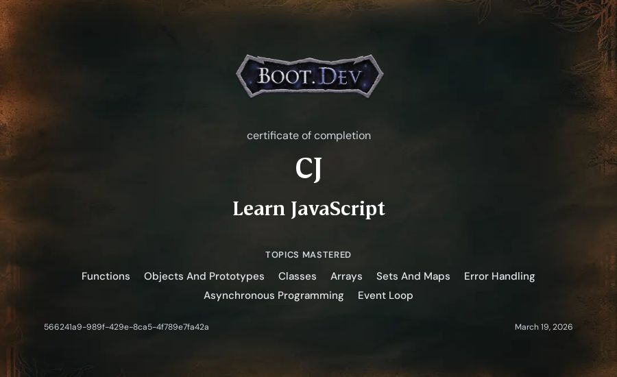 CJ's Boot.dev Learn JavaScript certificate
