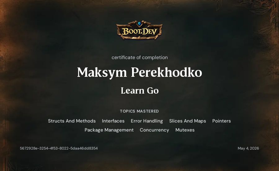 Maksym Perekhodko's Boot.dev Learn Go certificate