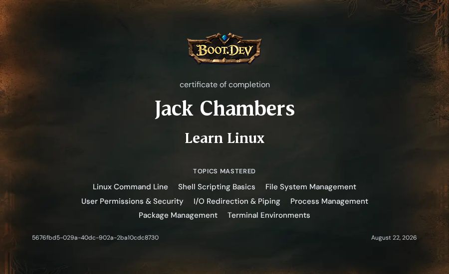 Jack Chambers's Boot.dev Learn Linux certificate