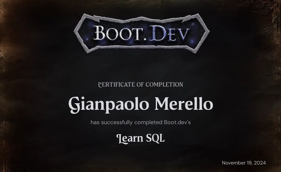 Gianpaolo Merello's Boot.dev Learn SQL certificate