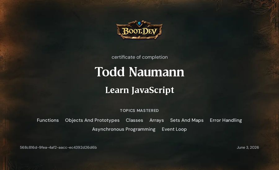 Todd Naumann's Boot.dev Learn JavaScript certificate