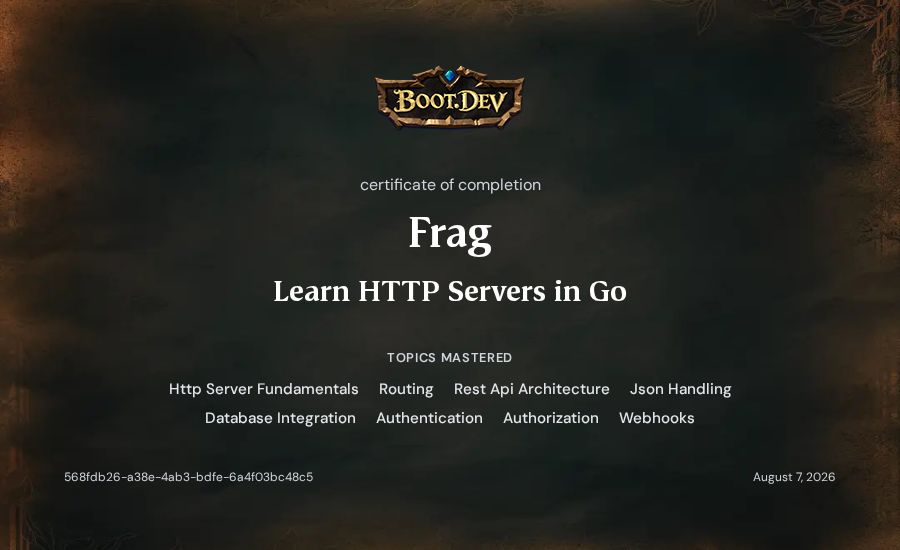 Frag's Boot.dev Learn HTTP Servers in Go certificate