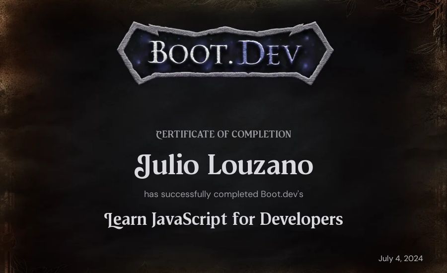 Julio Louzano's Boot.dev Learn JavaScript certificate