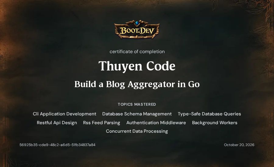 Thuyen Code's Boot.dev Build a Blog Aggregator in Go certificate