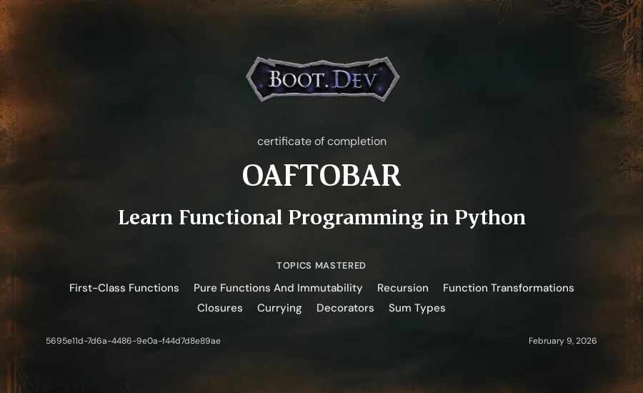 OAFTOBAR's Boot.dev Learn Functional Programming in Python certificate