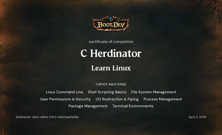 C Herdin's Boot.dev Learn Linux certificate