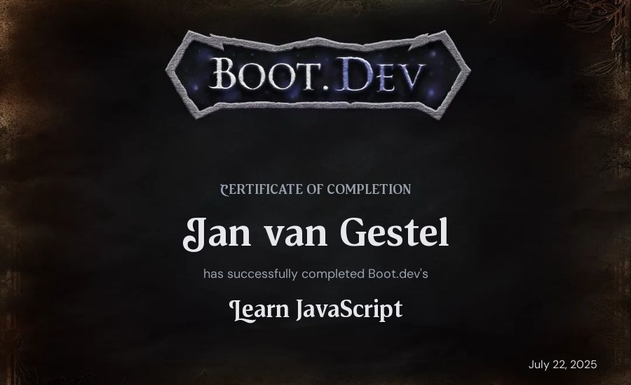 Jan van Gestel's Boot.dev Learn JavaScript certificate