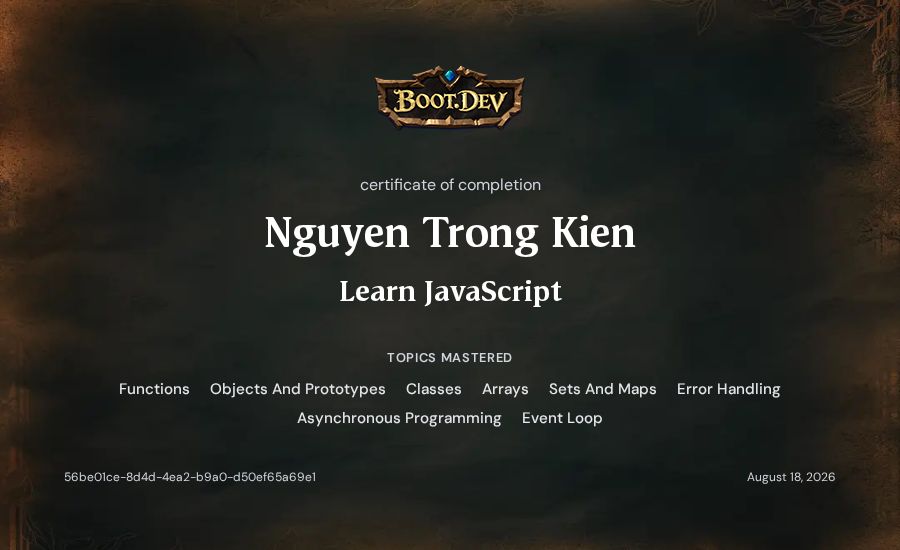 Nguyen Trong Kien's Boot.dev Learn JavaScript certificate