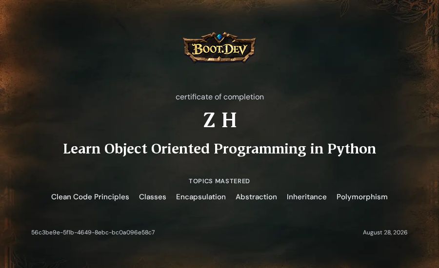 Z H's Boot.dev Learn Object Oriented Programming in Python certificate