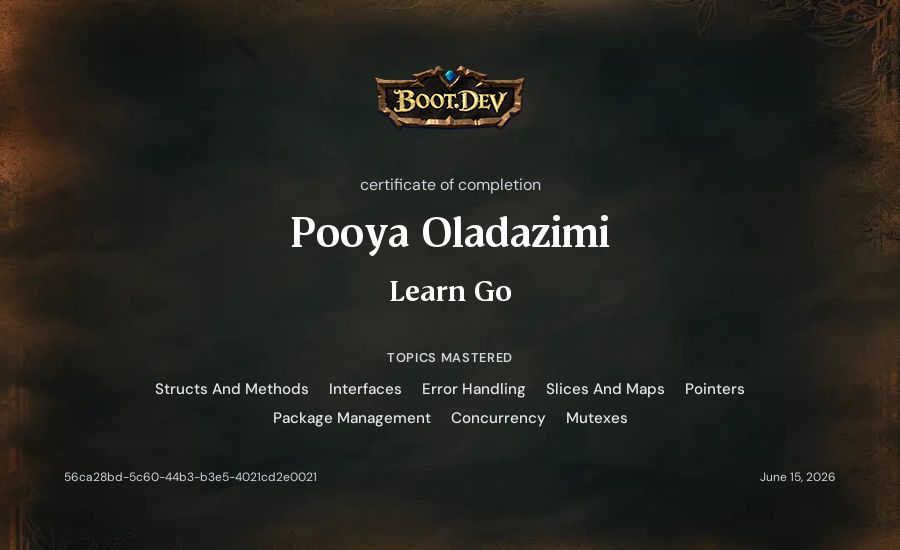 Pooya Oladazimi's Boot.dev Learn Go certificate