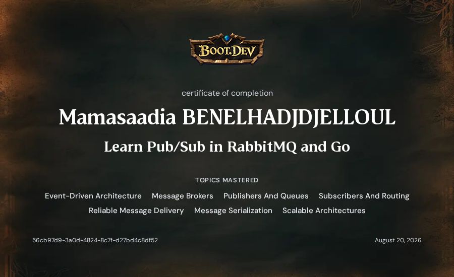 Mamasaadia  BENELHADJDJELLOUL's Boot.dev Learn Pub/Sub in RabbitMQ and Go certificate