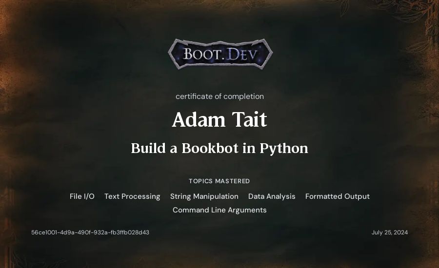 Adam Tait's Boot.dev Build a BookBot in Python certificate