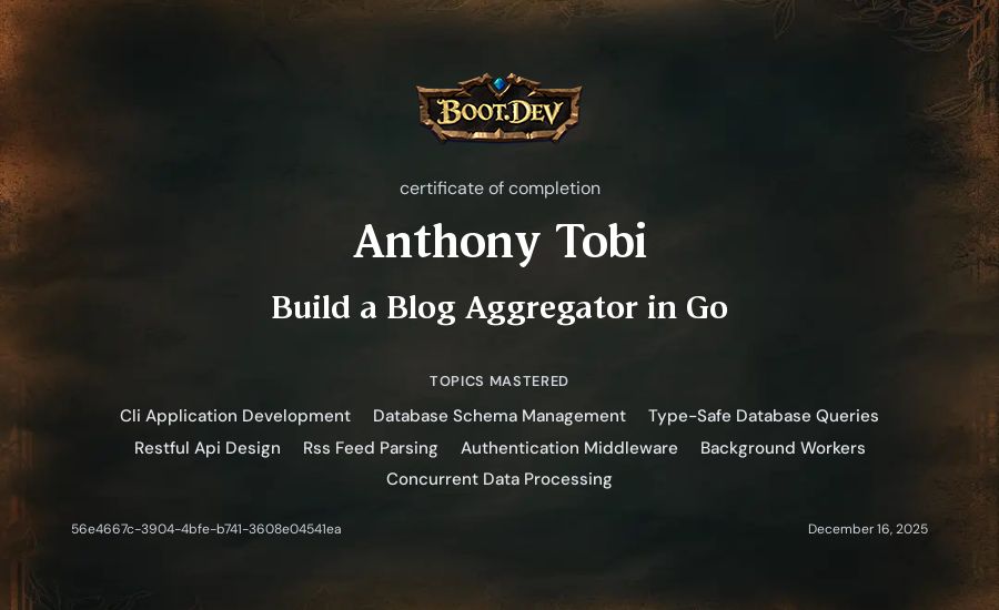 Anthony Tobi's Boot.dev Build a Blog Aggregator in Go certificate