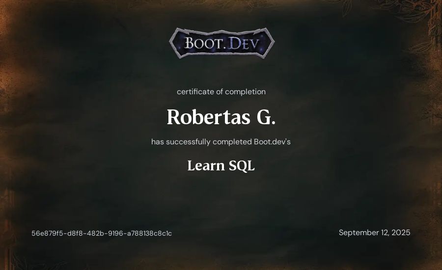 Robertas G.'s Boot.dev Learn SQL certificate