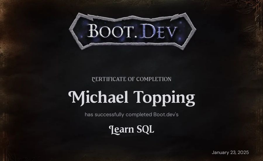 Michael Topping's Boot.dev Learn SQL certificate