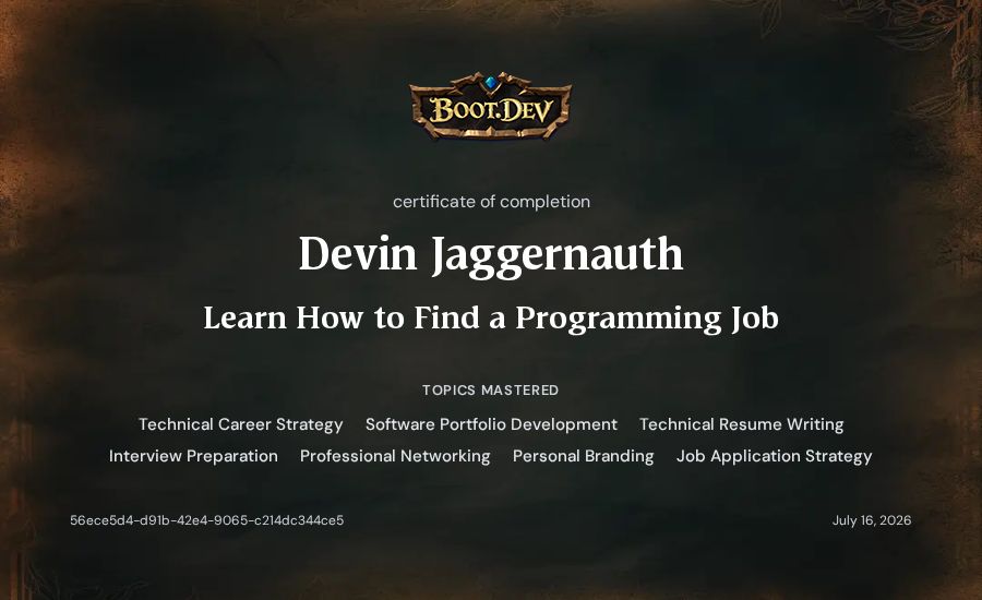 Devin Jaggernauth's Boot.dev Learn How to Find a Programming Job certificate
