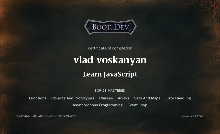 vlad voskanyan's Boot.dev Learn JavaScript certificate