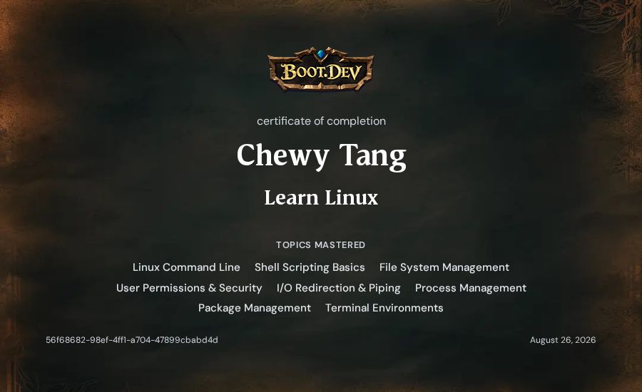Chewy Tang's Boot.dev Learn Linux certificate